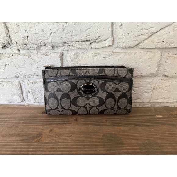 Coach Handbags - Coach Signature Jacquard Black Gray Zip Around Wallet Card Case Coin Purse